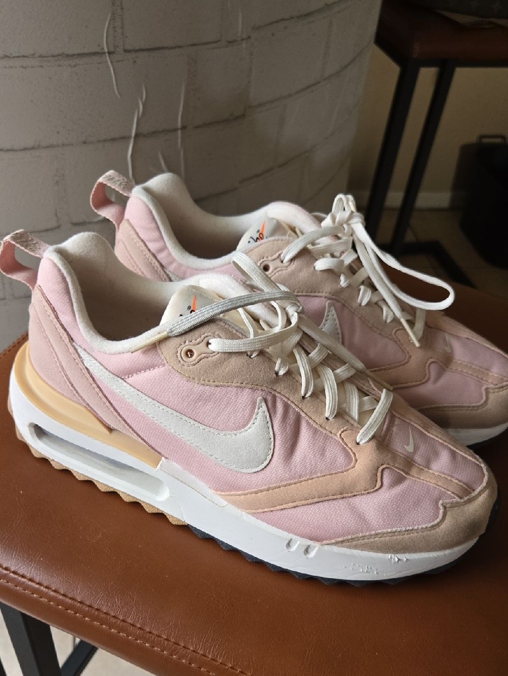 Nike Women's Pink and Cream Retro Runner Sneakers with White Swoosh